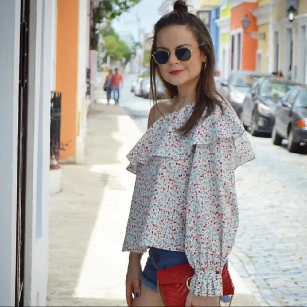 Zara White Floral Ruffle One Shoulder Blouse